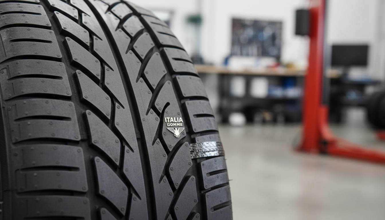 Primo piano di un battistrada di pneumatico nuovo con profili profondi