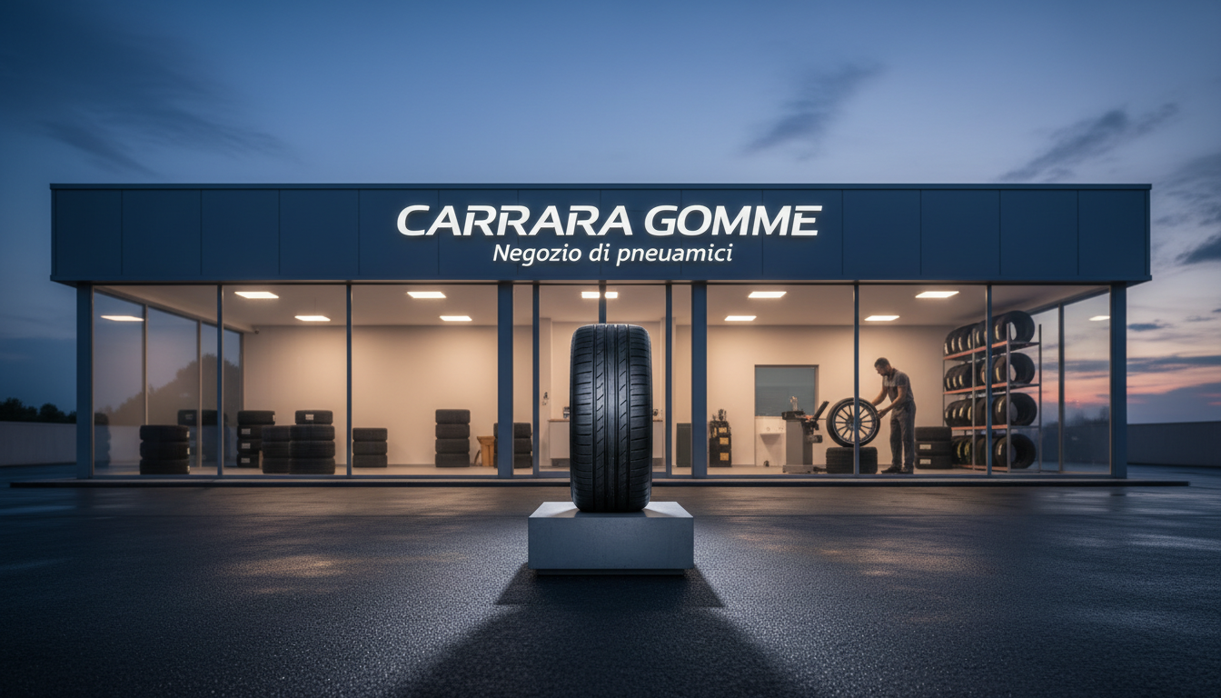 Interno di un negozio di pneumatici moderno con gomme esposte