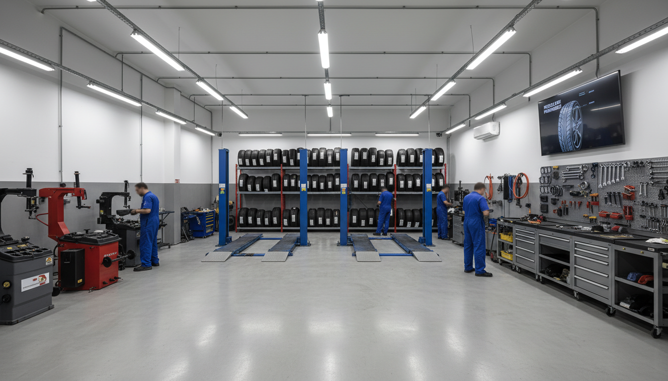Interno di un'officina meccanica pulita e organizzata con attrezzature moderne