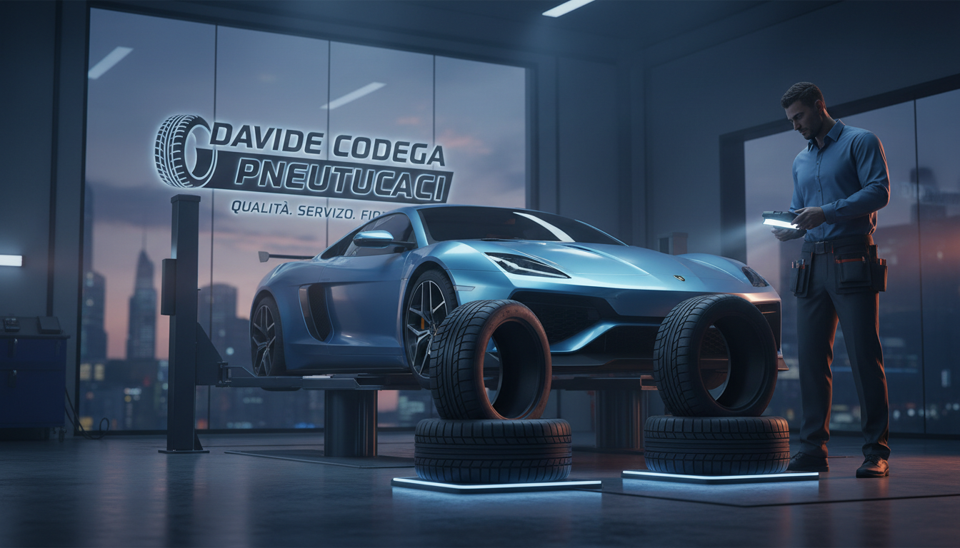 Interno moderno di Davide Codega Pneumatici con esposizione di gomme