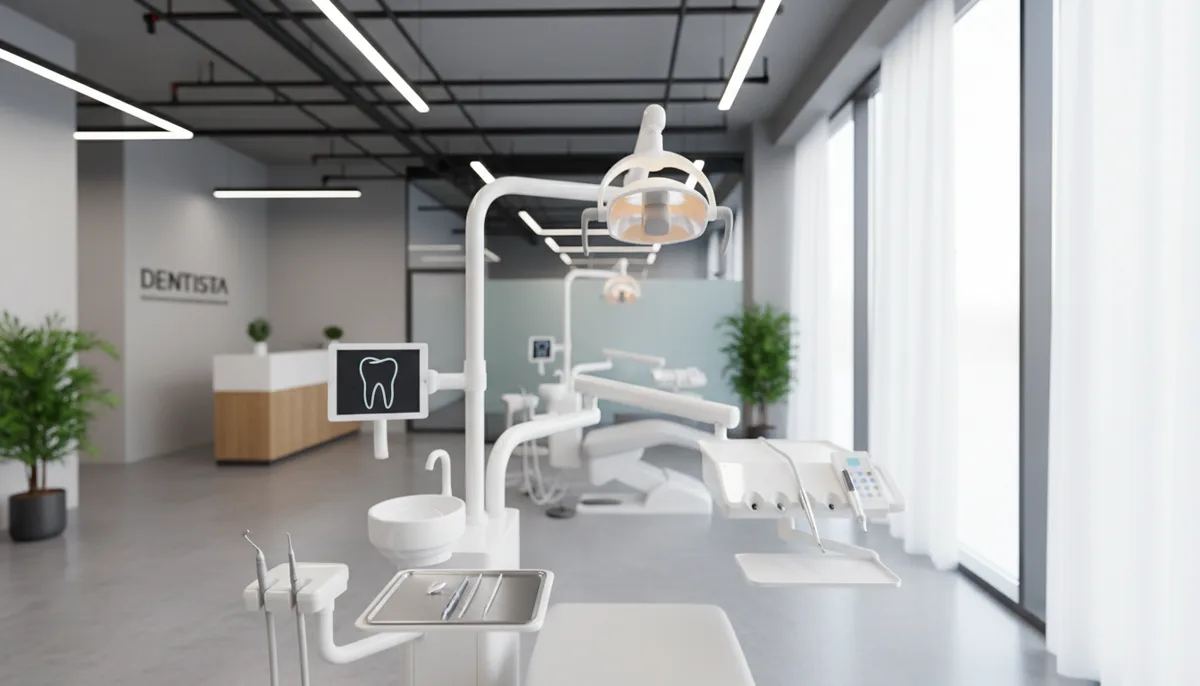 Interno dello studio dentistico del Dr. Salvetti con poltrona odontoiatrica verde chiaro e attrezzatura professionale