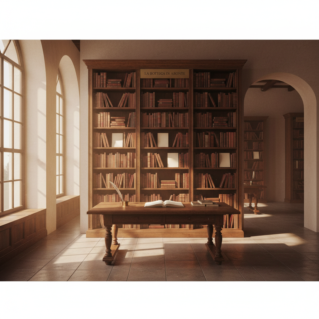 Interno accogliente de La Bottega di Aronte, libreria con scaffali pieni di libri e un'atmosfera calda e invitante.