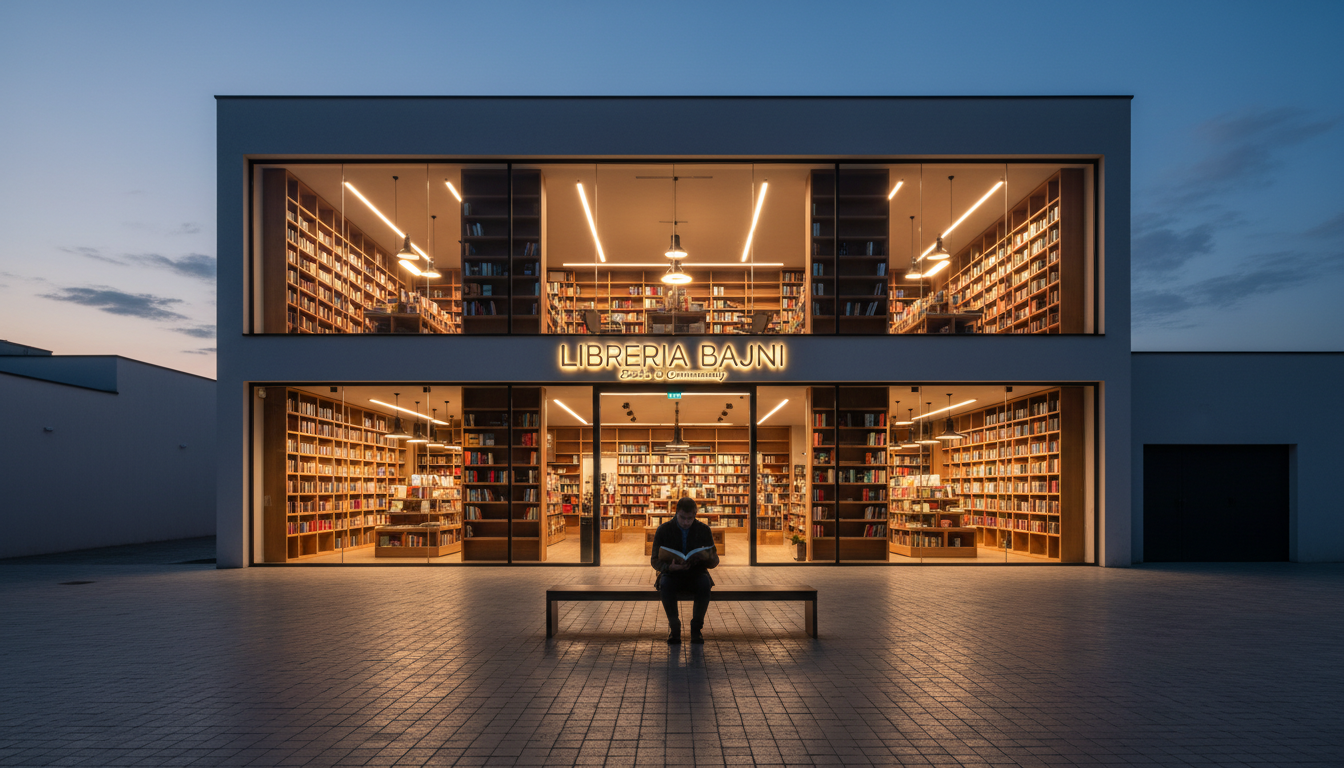 Interno accogliente della Libreria Bajni con scaffali colmi di libri