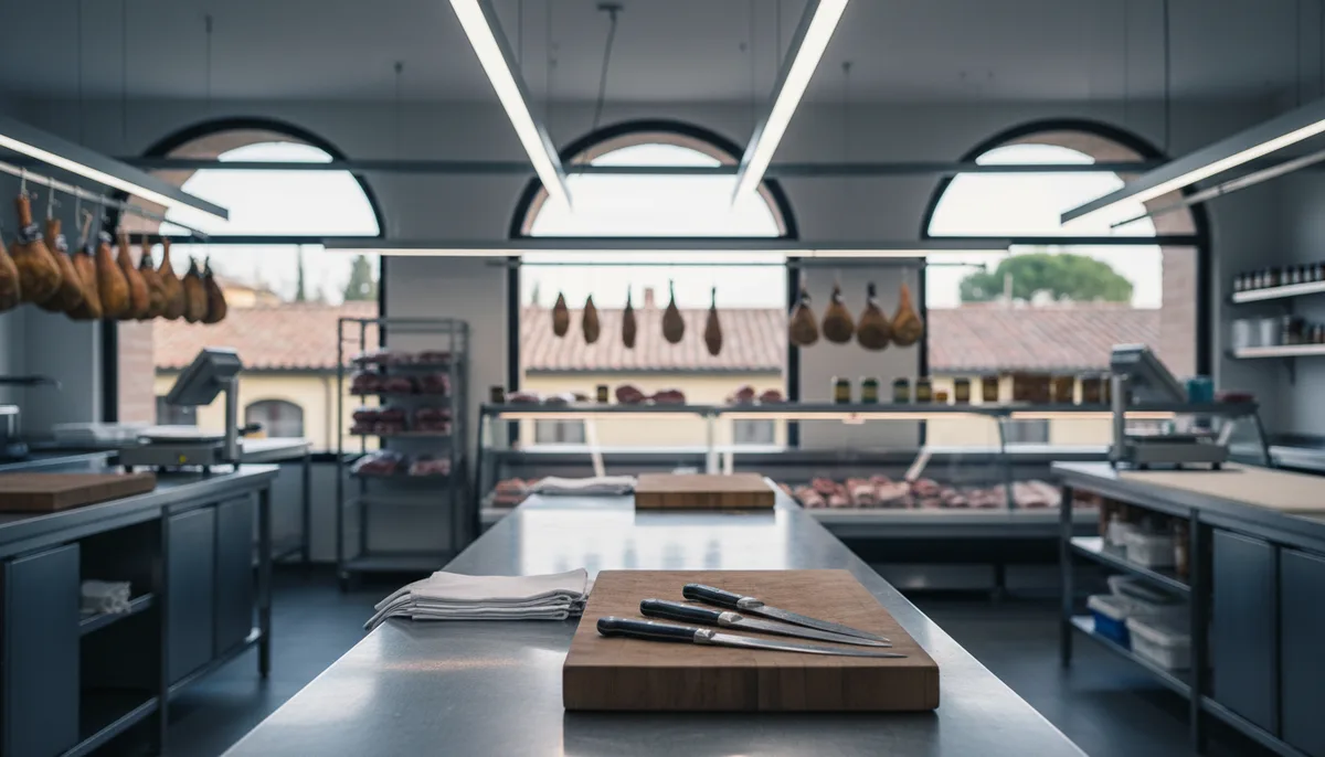 Interno della macelleria Lugeri a Carrara, con il macellaio al lavoro nel laboratorio