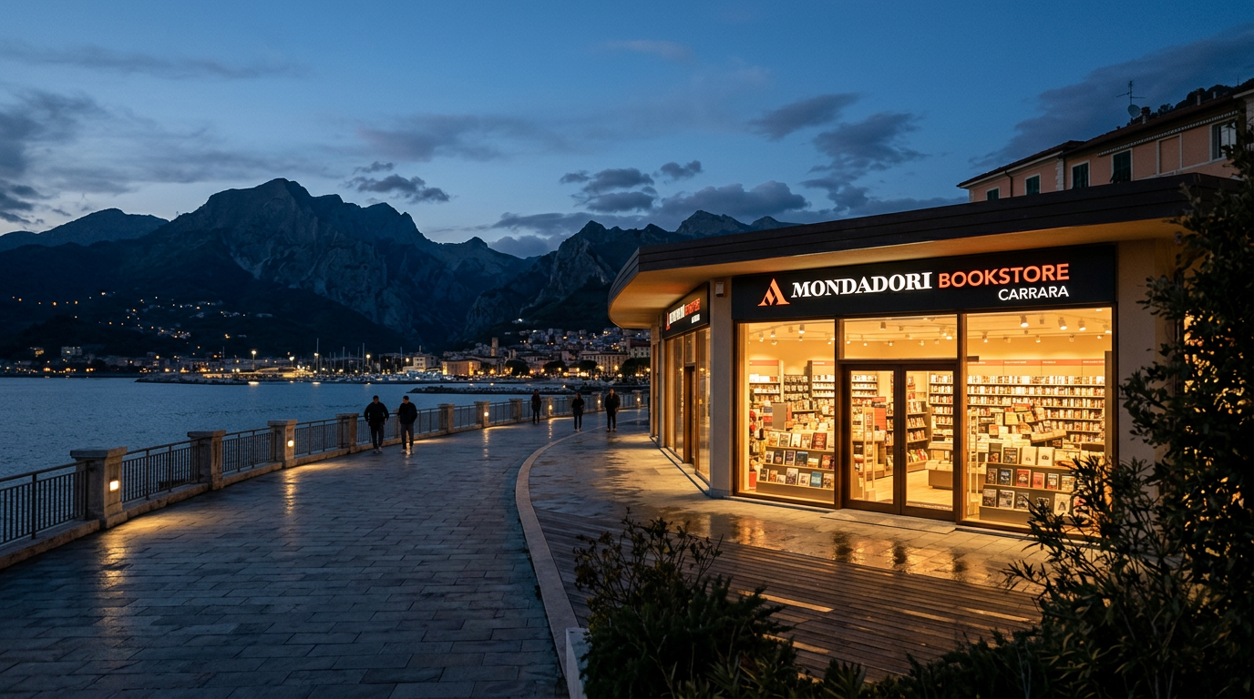 Veduta dell'interno affascinante della libreria Mondadori Bookstore Carrara