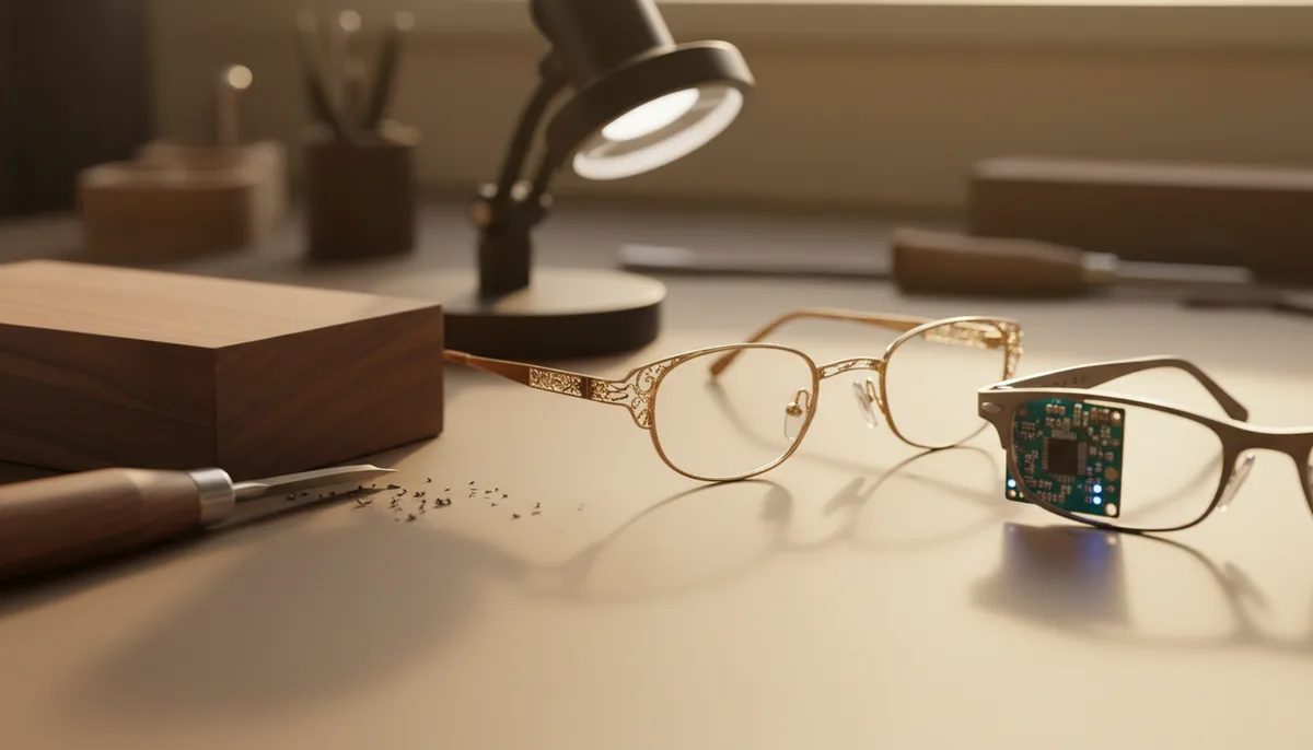 Dettaglio artigianale di una montatura in acetato lavorata a mano