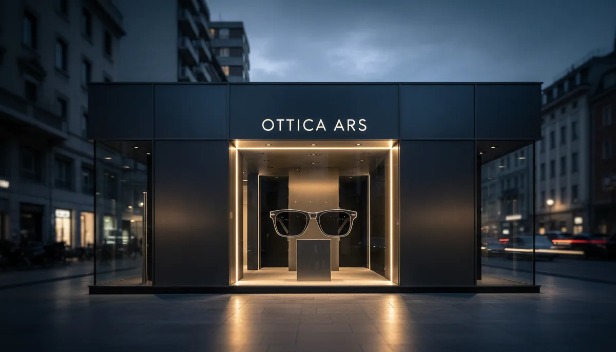 Interno dell'ottica Ars con montature esposte in eleganti vetrine