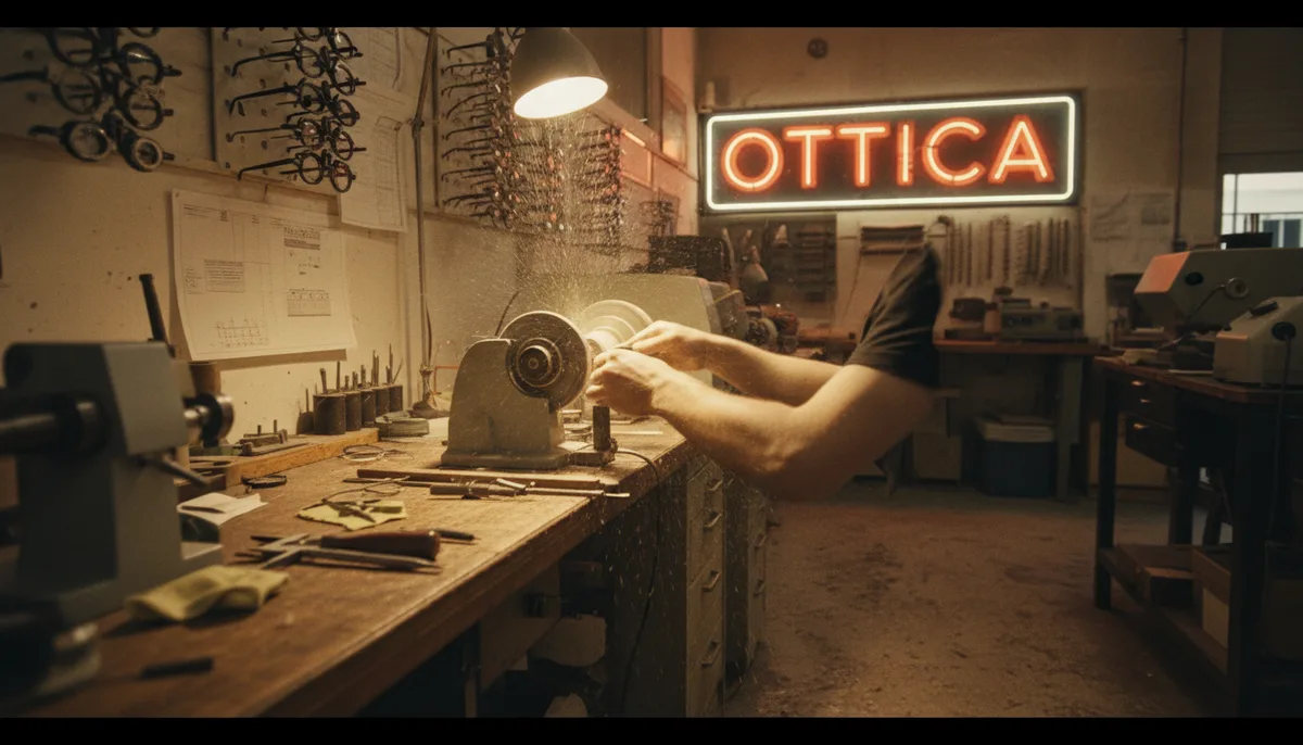 Ottico che effettua la regolazione finale di una montatura con precisione professionale